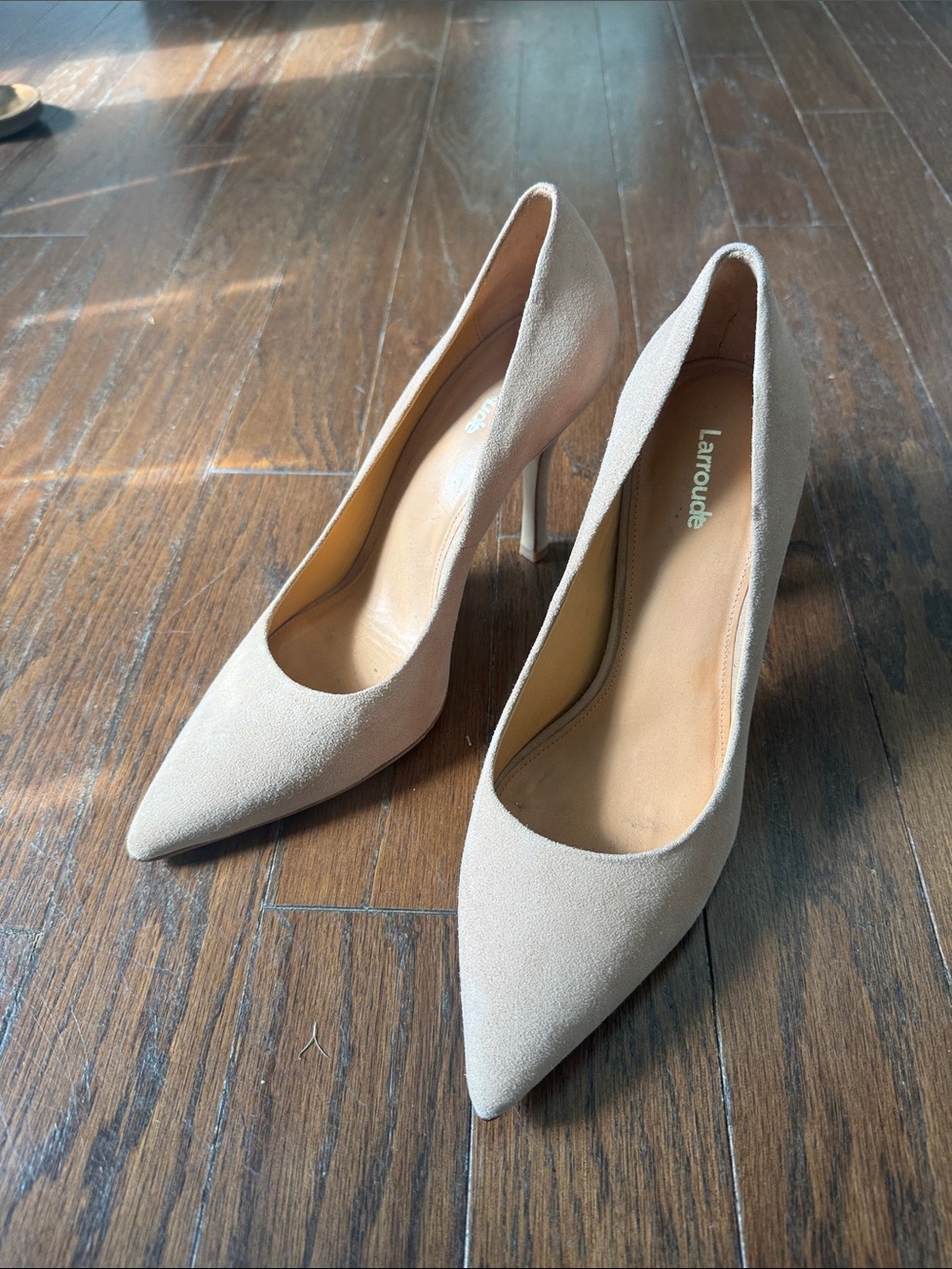 Larroude Beige Suede Pointed-Toe Stiletto Pumps